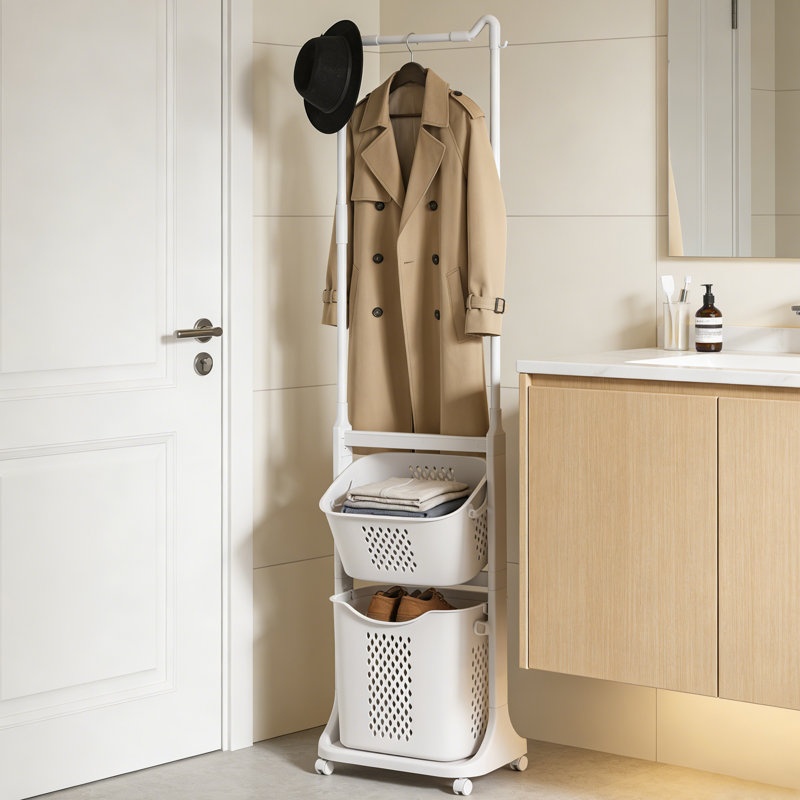 2-Tier Rolling Laundry Hamper with Hanging Bar and Removable Baskets