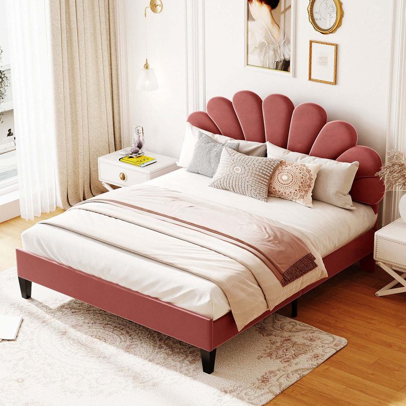 Charming Velvet Upholstered Platform Bed With Artistic Headboard For Cozy Sleep, Bean Paste Red, Queen