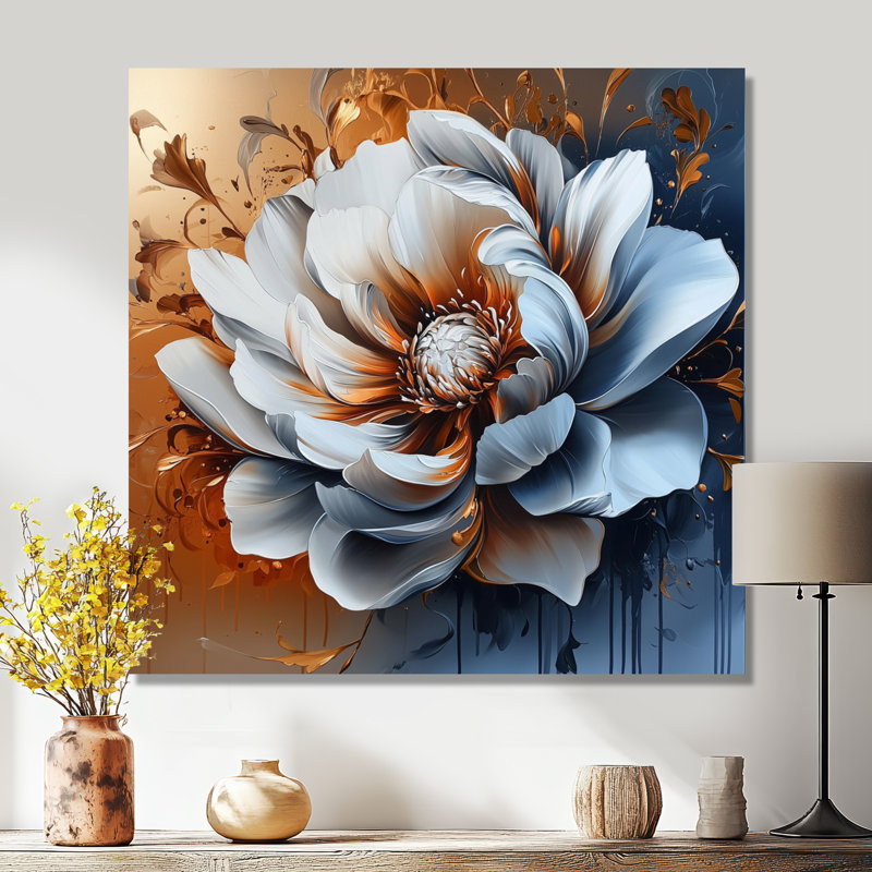 «Transitional Bloom Of Golden Abstract Flower I», reproduction florale abstraite sur métal, H 29,5 po x l 29,5 po