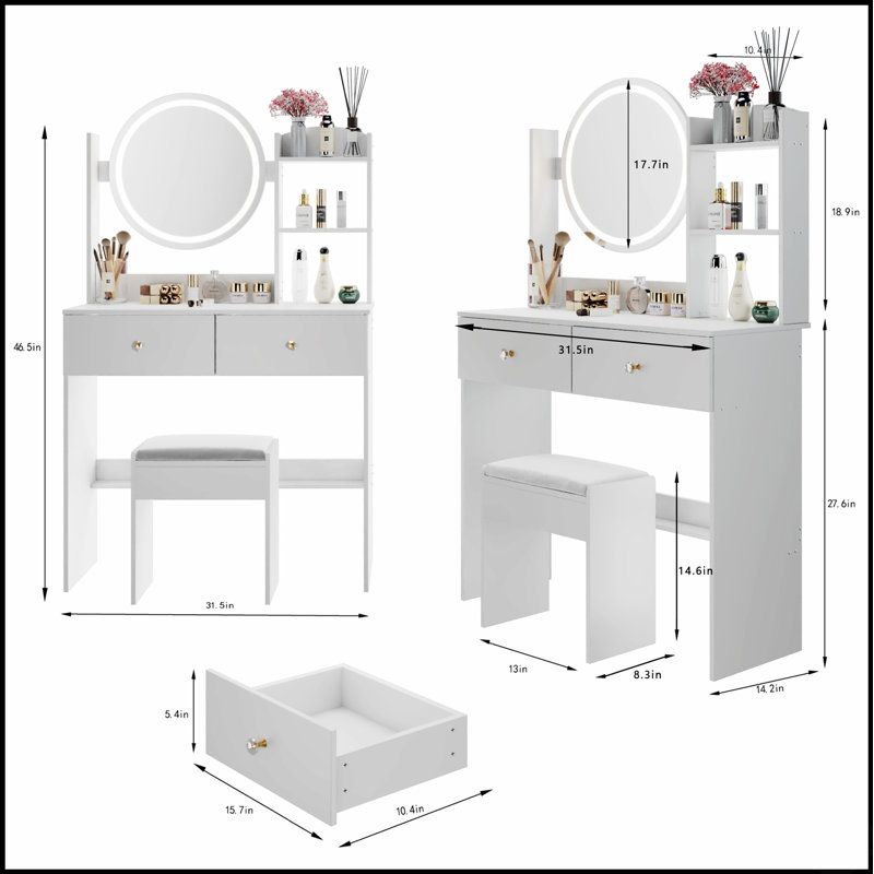 Table de coiffeuse à miroir ronde de 17 pouces à DEL avec tabouret à coussin souple, interrupteur tactile, 3 couleurs d'éclairage, luminosité réglable, grand bureau, rangement multicouche pour les petits espaces