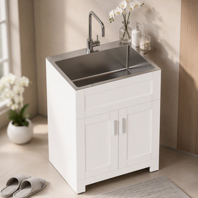 24in White Paint Free Laundry Tub Cabinet w/ Stainless Steel Combo