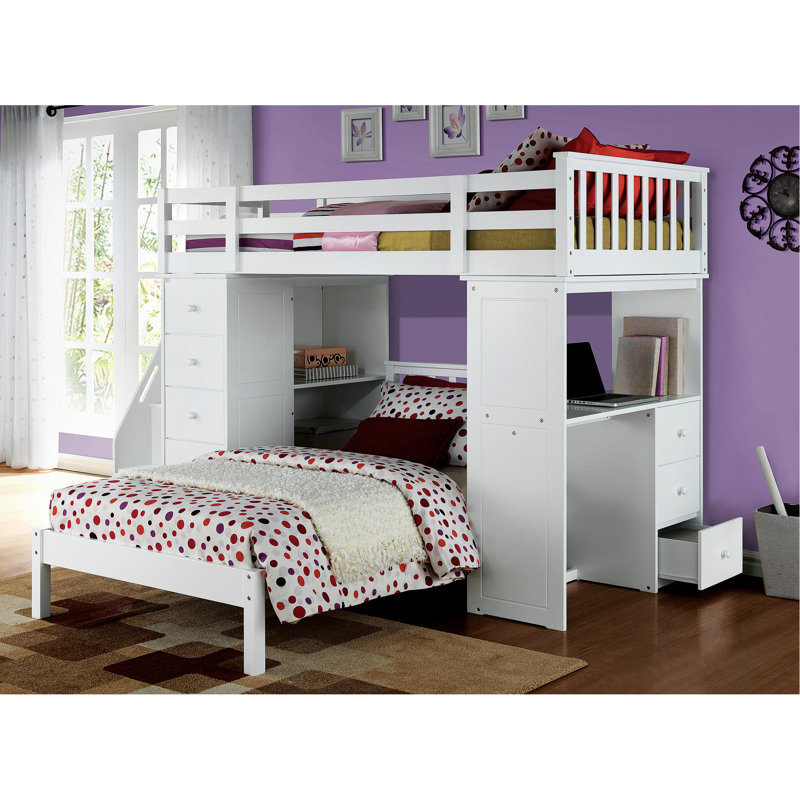Lit mezzanine simple blanc avec rangement et bureau - Armoire pratique et élégante dans une chambre à coucher complète