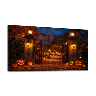 Canvas Wall Art Halloween Pumpkin Pathway Glowing Lanterns Autumn Leaves Wall Decor for Living Room Bathroom Bedroom Office 24"H x 48"W Art Paintings, Ready to Hang