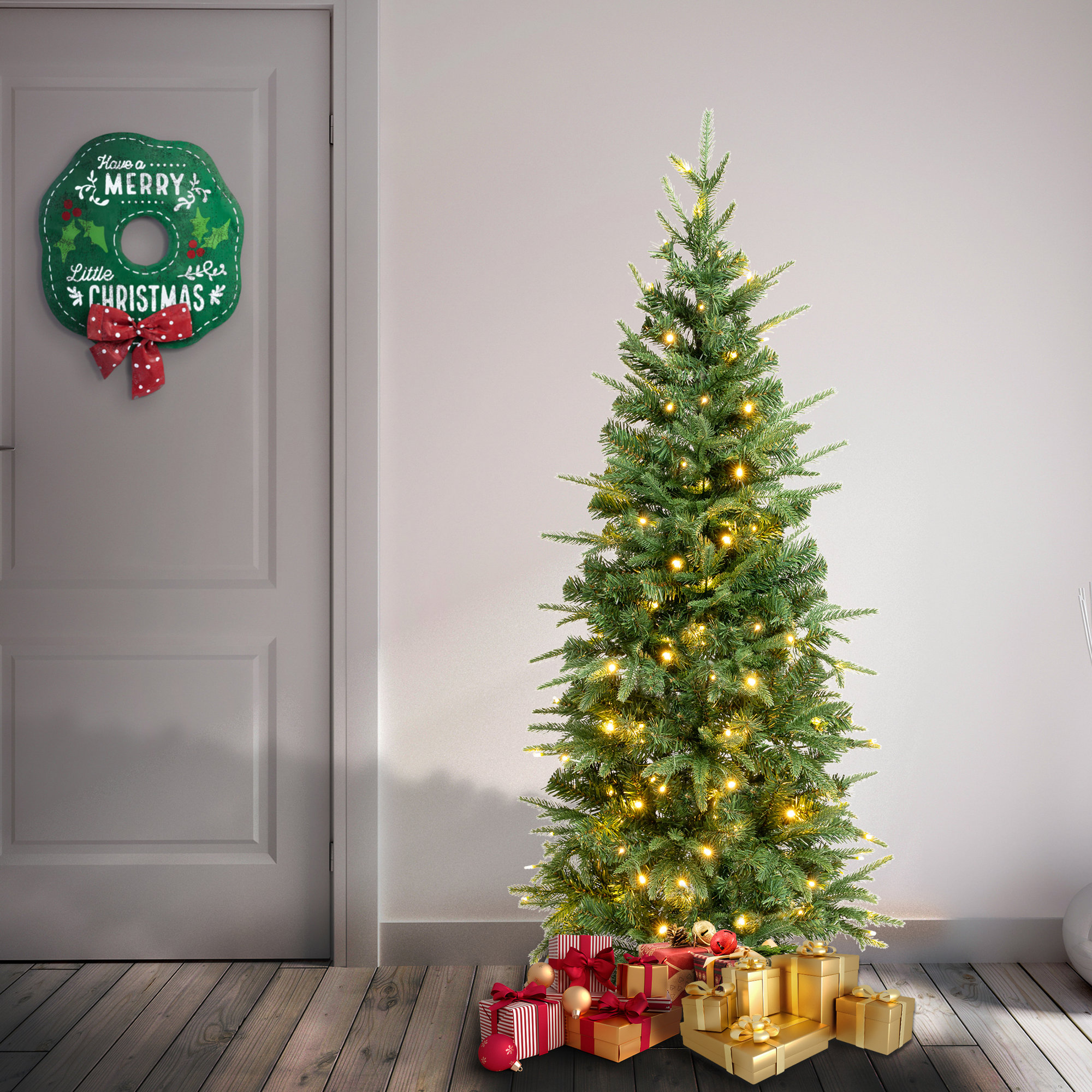 The Holiday Aisle® Duxbury Light Green Slim Mixed Hinged Tree, Warm White LED Lights, Pre-Lit, 4.5'