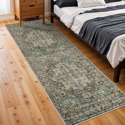 Green Washable Runners for Hallways: Kitchen Runner Rugs with Rubber Backing Non Slip Vintage Boho Long Carpet for Living Room Bedroom Bathroom Entryway (Green)