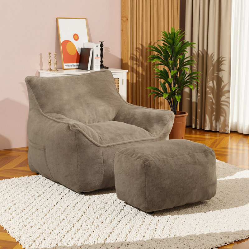 Compression Large Faux Fur Memory Foam Filled Bean Bag Chair For Adults And Kids, Light Coffee Faux Fur