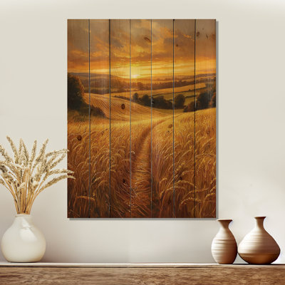 Countryside Golden Fields At Sunset I - Countryside Wood Wall Art - On Natural Pine Wood