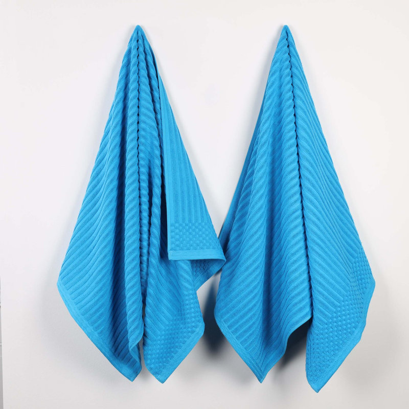 Ruvins Cotton Highly Absorbent Solid and Checkered Border Bath Sheet Set, Sky Blue