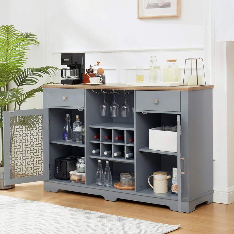 Buffet, buffet avec 2 tiroirs et armoires à porte en verre, support à vin et verre, bar à café