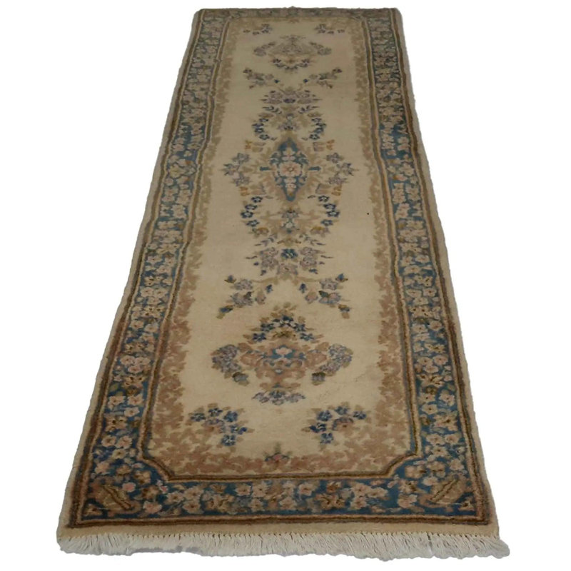 Tapis bleu / beige en coton / laine à motif oriental fait à la main 2 pi 6 po x 9 pi 5 po