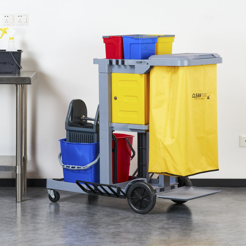 Chariot de cuisine professionnel à 3 tablettes avec roulettes, 1 chariot de nettoyage avec couvercle et sac de 18 gallons - Comprend 1 armoire verrouillable, 1 essoreuse et 6 seaux, un chariot de conciergerie en plastique gris