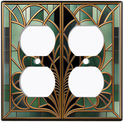 Metal Light Switch Plate Cover; US Standard Size 2 Gang Duplex - Printed Image of Stained Glass Leaves