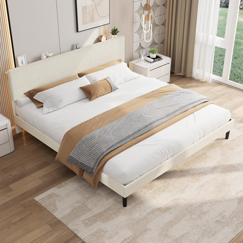 Upholstered Platform Bed Frame with USB Charging Station, Adjustable Storage Headboard, Wooden Slats Support, No Box Spring Needed