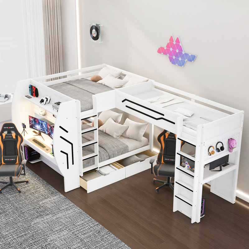 Lit superposé simple et double en L 3 en 1 avec bureaux intégrés, station de charge, échelles et tiroirs de rangement, panneau perforé, lumière DEL, blanc