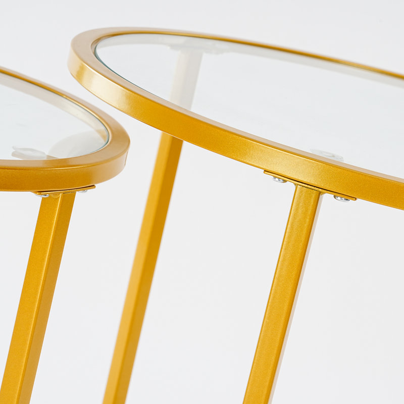 Ryett 2 End Tables with Metal Base Round Table with Tempered Glass Tabletop, Gold