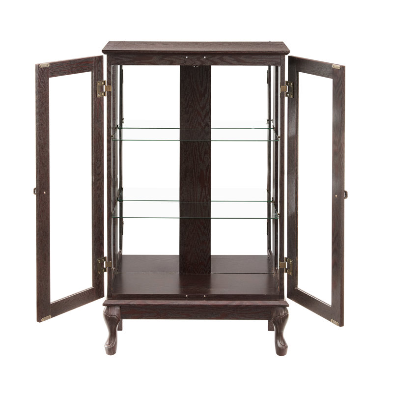 Curio Cabinet With Tempered Glass Doors, Adjustable Shelves, Lighted, Mirrored Back, Cherry Elegant Decoration 2 Doors Glass, Home Use