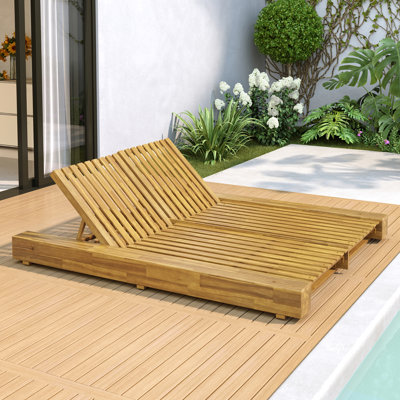 Outdoor Acacia Wood Double Chaise Lounge With 4-Position Backrest