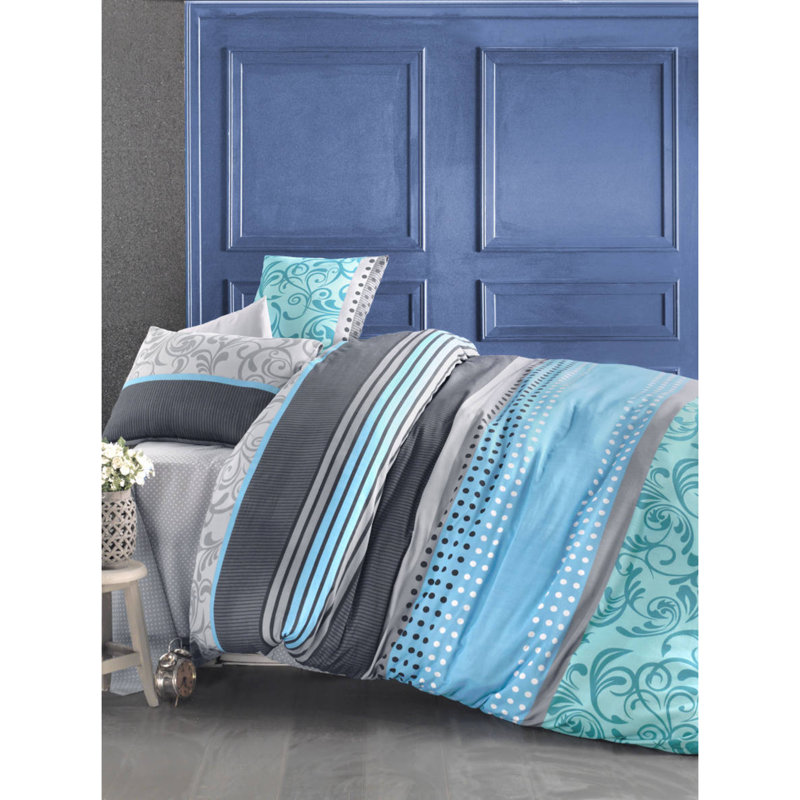 Ensemble de housse de couette 3 pièces en mélange de coton turquoise / gris / blanc Eskdale