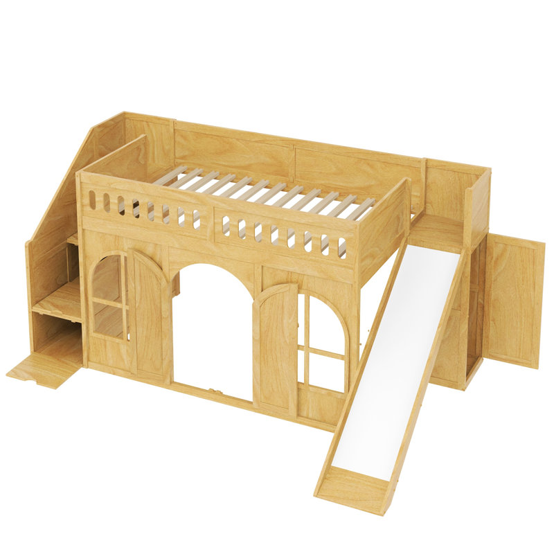 Lit simple mezzanine pour enfants avec glissade, escalier de rangement, garde-robe, portes et fenêtres décoratives, naturel