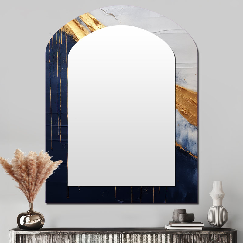 «A Touch Of Gold And Kings Blue IV», peinture abstraite arquée, miroir mural moderne, asymétrique, 43 po x 33 po