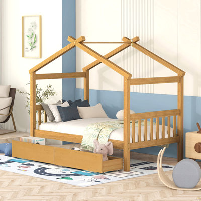 Twin Size Wooden House Bed With Drawers