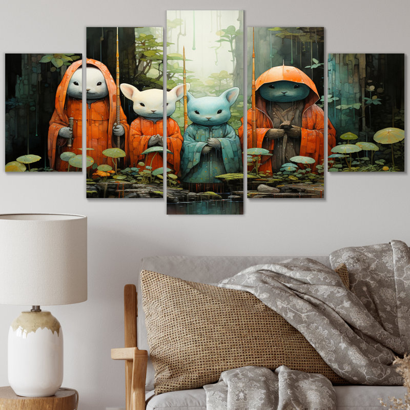 Japon Art Guardian Jizos III - Art mural japonais sur toile - 5 panneaux