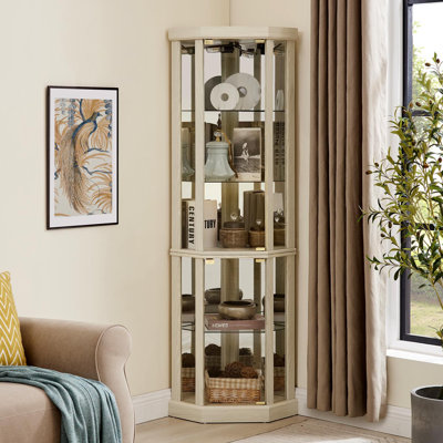 Corner Lighted Curio Cabinet Corner Glass Cabinet Lighted Curio Cabinet Corner Display Case For Living Room, Curio Cabinet, Antique Collection, Wine,Bar Glass Storage Light Included,Antique White