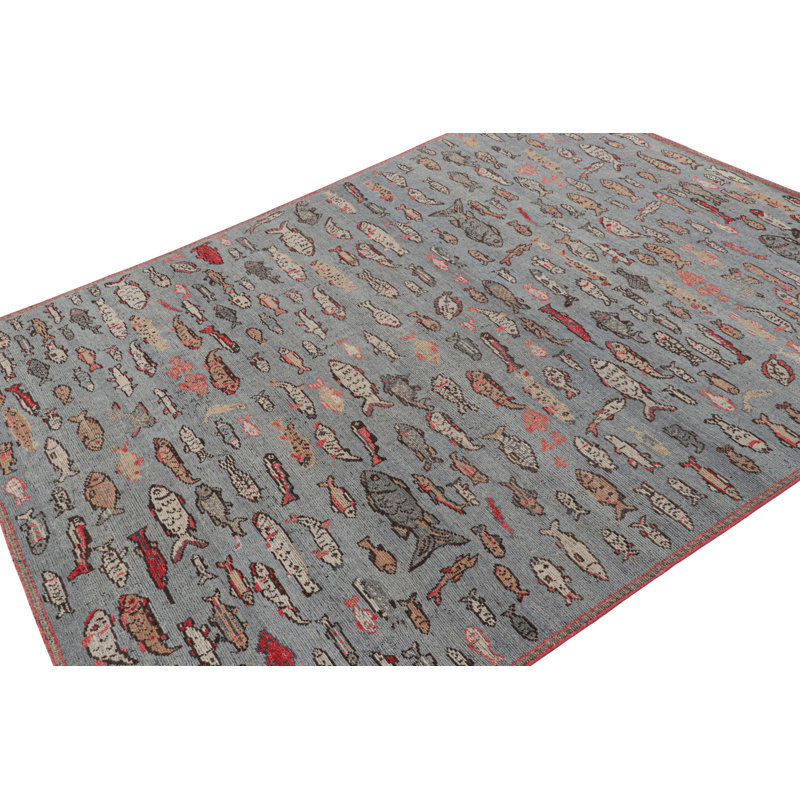 Rug & Kilim’S Mid-Century Rug In Blue With Colorful Fish Pictorials, Rectangle 9' x 12'