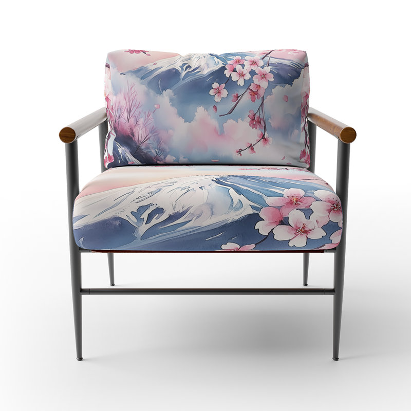 Chaise d'appoint Lake Mountains - Mont Fuji avec accoudoirs en cerisier en fleurs, Bras ronds bruns