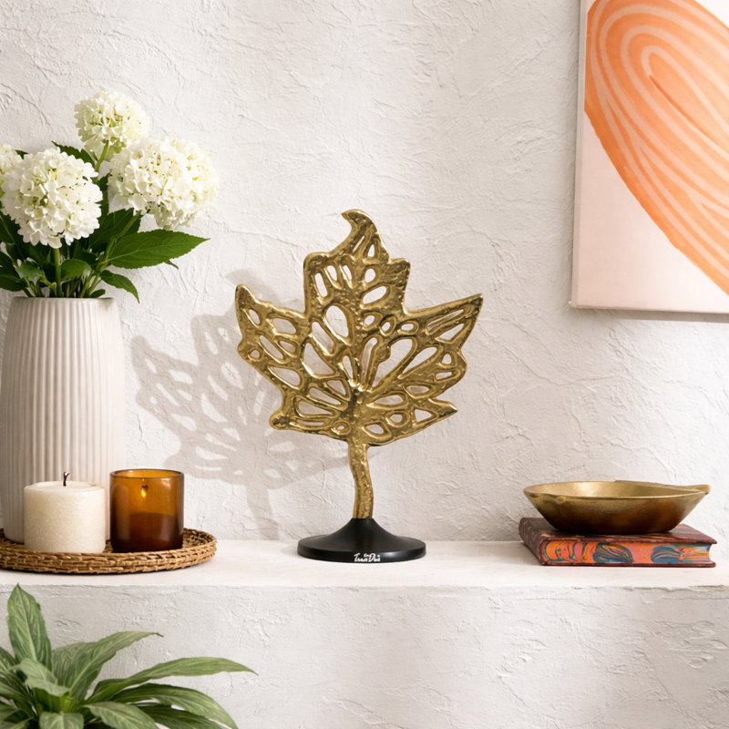 Aluminum Golden Maple Leaf Accent on Base – Stylish Table Décor Sculpture