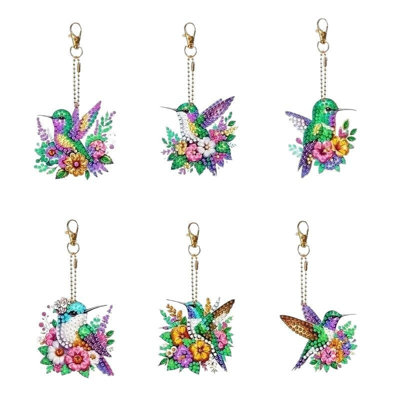 Syntego 6Pcs 5D DIY Colourful Hummingbird Diamond Painting Kit Keyrings/Keychains Kit Double Sided Rhinestone Craft Pendant