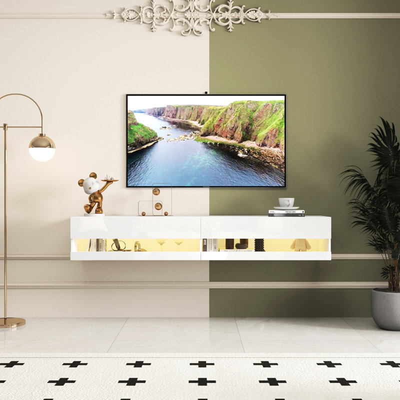 Meuble télé blanc avec support et charge, avec options de rangement disponibles