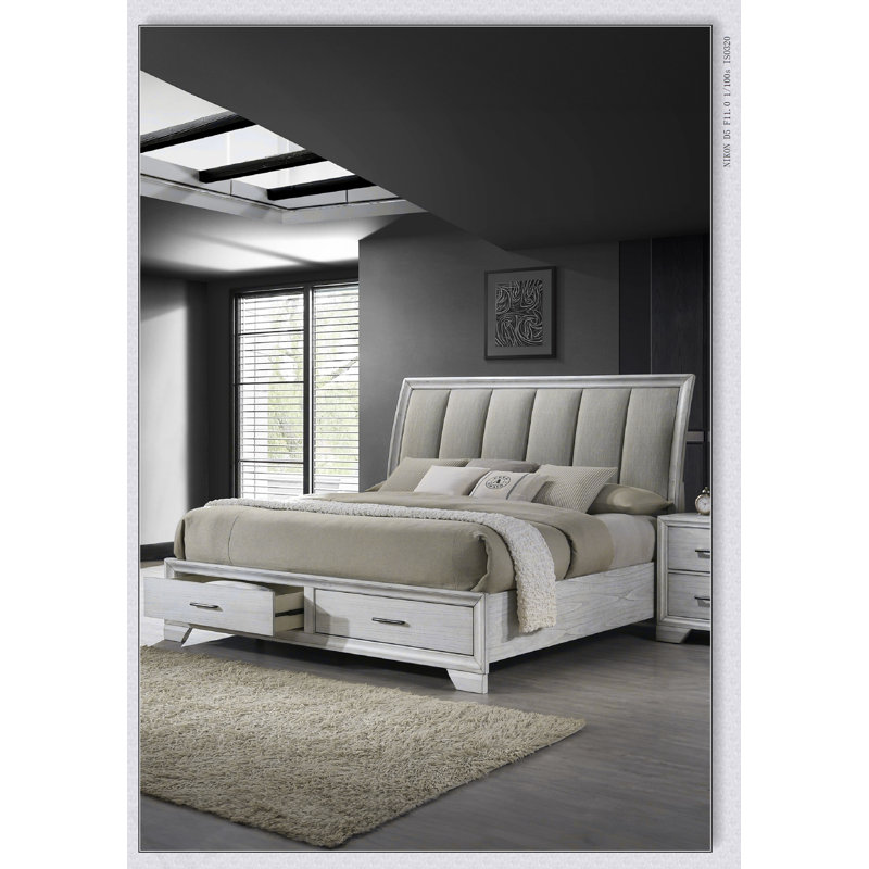 Lit plateforme de rangement très grand 1pc avec tête de lit rembourrée moelleuse et deux tiroirs de rangement en bois massif blanc brume