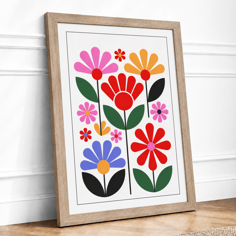 Graphic Floral Arrangement Mid-Century - Framed Print, A3 - 42.0 x 29.7 cm, Oak