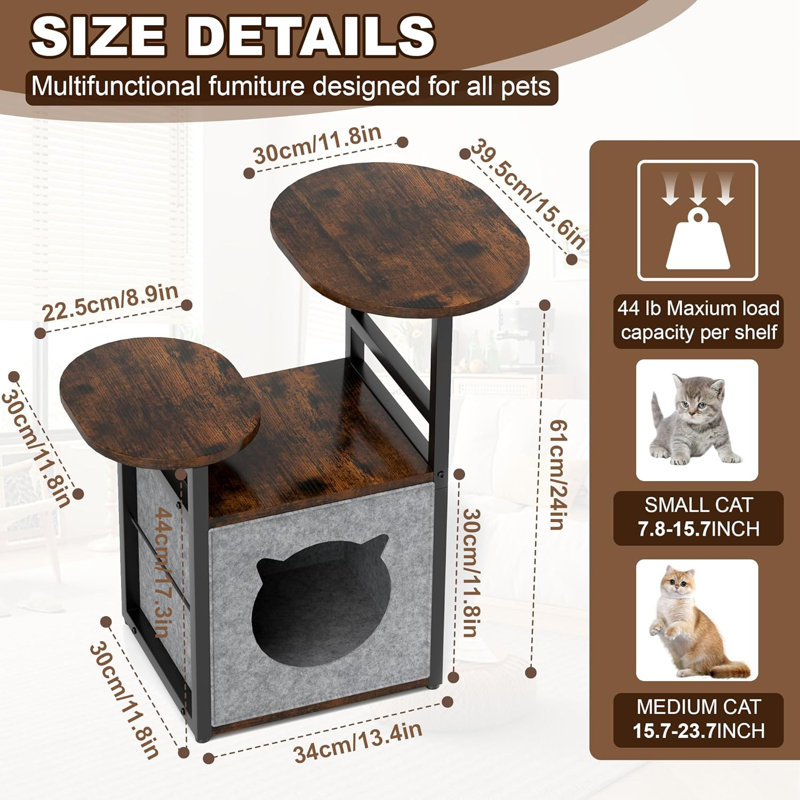 Small Bedside Table With Removable Cat Condo, Flip Top Side Table With 3-Tiered Storage Shelves, Round Side Table, For Living Room, Bedroom, Rustic Brown And Classic