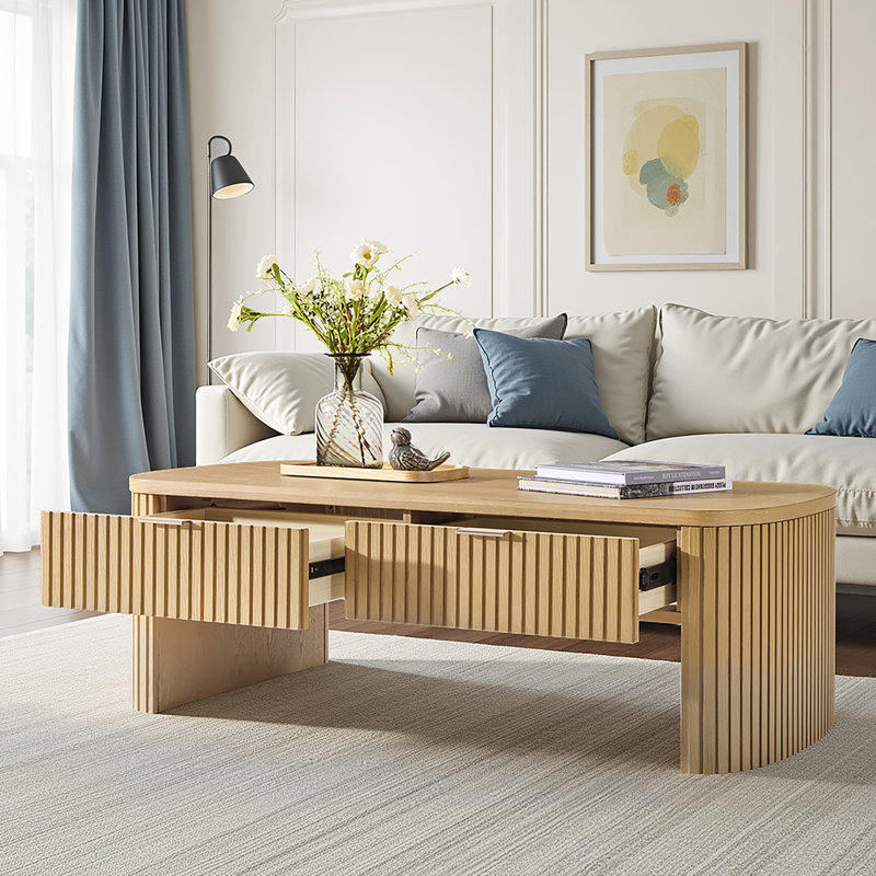 Kaybri Filipo Modern 46.5"W Fluted Solid Wood OAK Coffee Table with Storage, Natural
