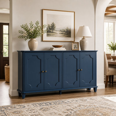 Buffet de style champêtre de 160 cm avec 4 portes cintrées décoratives, dosseret de rangement bleu vieilli