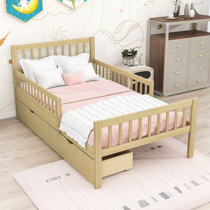 Lit plateforme en bois avec garde-corps et deux tiroirs, Lit simple