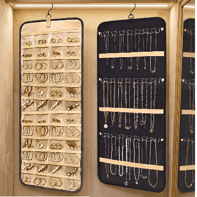 Double-Sided Hanging Jewelry Organizer with Metal Hooks