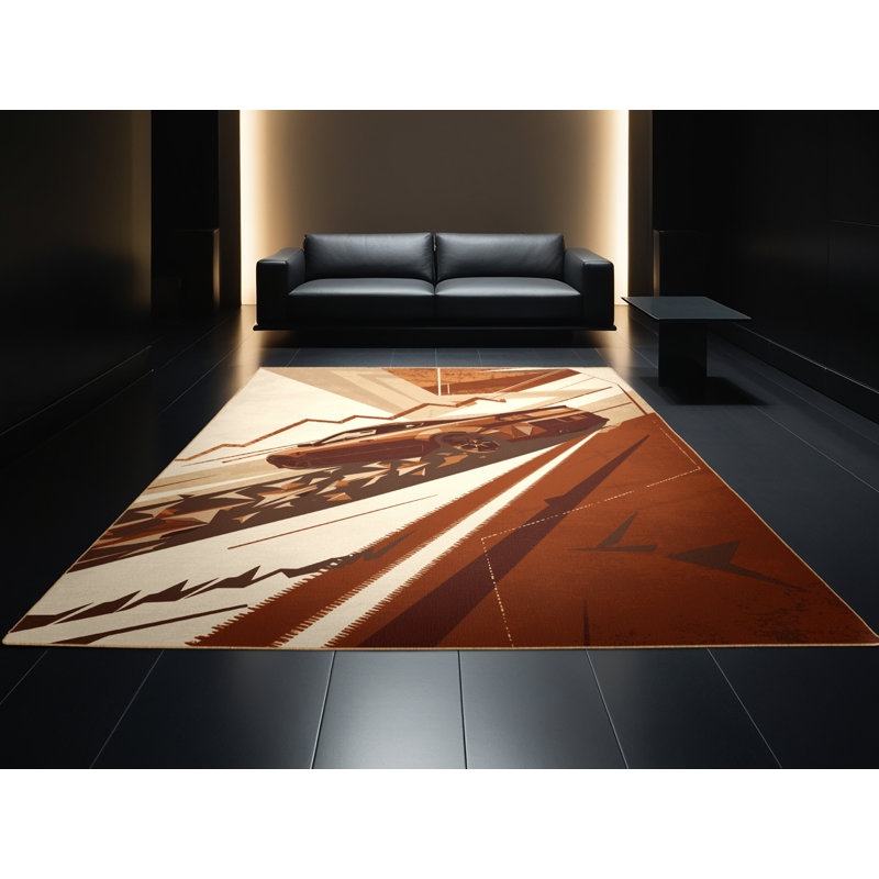 Machine Washable Takengon Drifting Car Scene Sleek & Chic Modern Geometric Rug in Brown – LightBrown Binding, 4x6