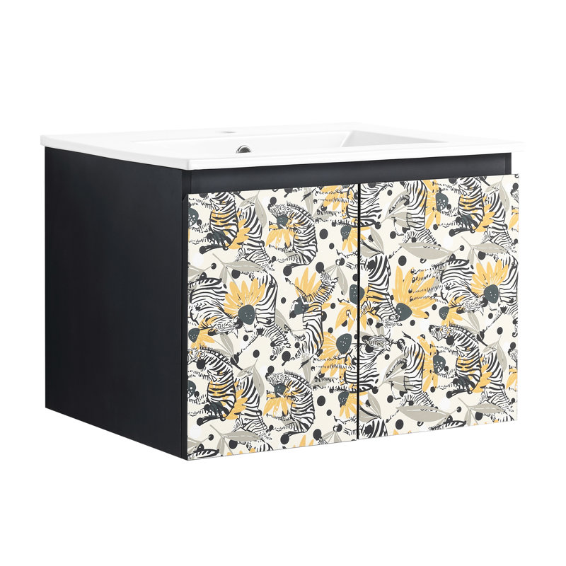 Meuble-lavabo 24 po avec lavabo en céramique. Porte à fermeture en douceur, noir. Armoire élégante