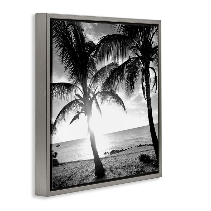«Sunlit Palm Silhouettes» par Susan Bryant, H 18 po x l 18 po, Cadre flottant gris lustré