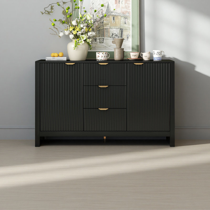 Sideboard With Wave Design - 3 Adjustable Shelves, Black