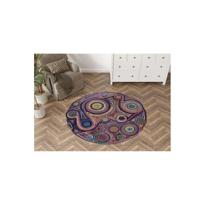 Multicolored Surrealist Geometric Patterned Modern Woven Base Round Decorative Carpet, Round 2'8"