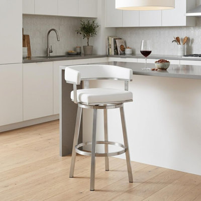 26" White And Silver Faux Leather And Stainless Steel Low Back Counter Height Swivel Bar Chair
