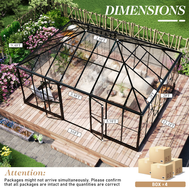 Polycarbonate Greenhouse with Clear Panels- 6 FT Wall Height Outdoor Aluminum Greenhouses with 2 Vents, Double Doors with Hook, Walk-in Greenhouse for Backyard Garden