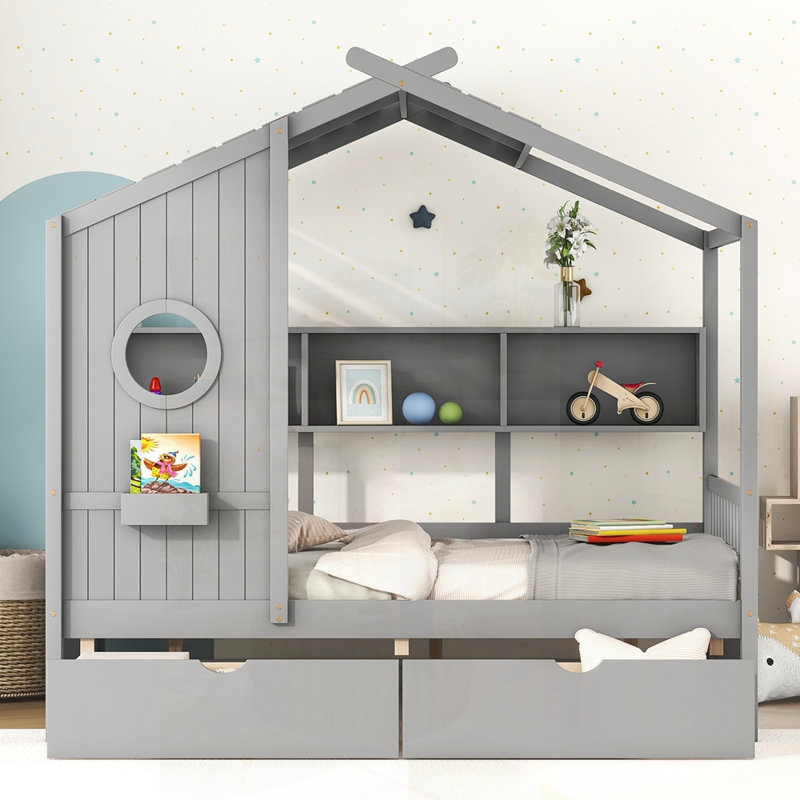 Lit double en bois avec 2 tiroirs et tablette de rangement, pour les chambres d'enfants et les solutions d'économie d'espace.