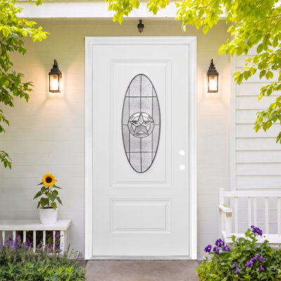 Porte d'entrée Piper 36 po × 80 po en fibre de verre avec cadre, fini lisse blanc, triple vitrage ovale Texas-Star Snowflake