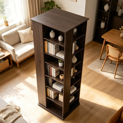 Armoire de rangement rotative à 360 ° en bois avec 34 compartiments, tablettes réglables pour CD, DVD et livres - Conception moderne peu encombrante pour le salon et le bureau personnel