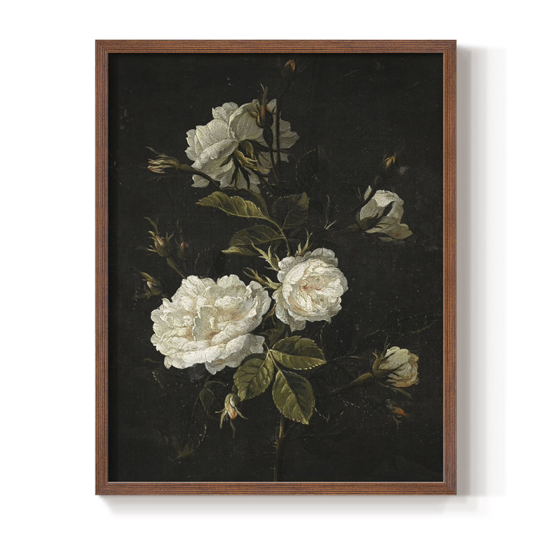 Impression florale rétro I, reproduction encadrée - bois massif, Noyer, H 15 po x l 12 po